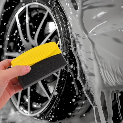 ULTECHNOVO Car Cleaning Brush and Tire Shine Applicator Set 2pcs with Storage Stand, Automotive Interior Dusting Brush and Foam Sponge for Tire and Wheel Detailing, Reusable Car Care Tool