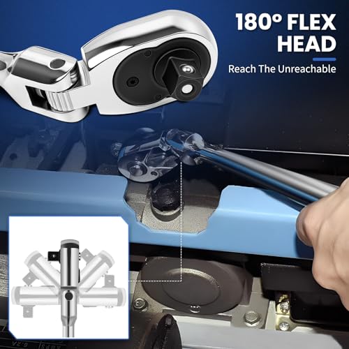 10-Piece Flex Head Ratchet Set, 1/4 3/8 1/2 Inch Drive, Swivel Head Ratchet Wrench with Extension Bars & 4 Adapters, 72-Tooth Quick-Release, EVA Storage Case for Auto & DIY Repairs - color: 10pcs