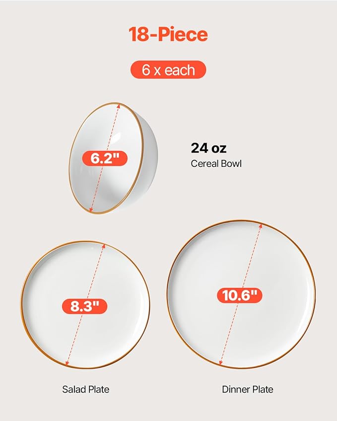 VEVOR Dinnerware Set, Service for 6 (18 PCS), Round Plates and Bowls Sets, Scratch Resistant Ceramic Dinner Ware, Dishwasher and Microwave Suitable Kitchen Dish, for Dessert Salad Soup Pasta, White
