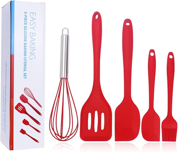 NatureMan 5 Pieces Non-Stick Food Silicone Kitchenware Utensils- Kids Cooking Sets - for Cooking Baking Mixing, Stirring-Ergonomic Dishwasher Safe(Red)