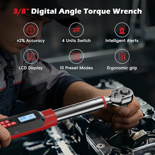 3/8" Digital Angle Torque Wrench, 2-44 Ft.lb, ±2% Accuracy, 8pcs | Electronic Torque Wrench with 0.1° Angle Mode, LED Display, Buzzer Alerts for Automotive, Motorcycle & Engine Repair - size: Angle 3/8" 3-60N.m/2-44Ft.lb