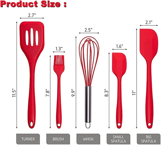 NatureMan 5 Pieces Non-Stick Food Silicone Kitchenware Utensils- Kids Cooking Sets - for Cooking Baking Mixing, Stirring-Ergonomic Dishwasher Safe(Red)