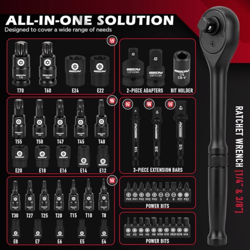 54-Piece Master Torx Bit Socket Set, T8-T70 Star Bits and E4-E24 E-Torx Sockets, Ratchet Wrench, 1/4" Bit Holder, S2 Steel Bits, CR-V Sockets, Extension Bars and Adapters for Auto Repair - style: 54-Piece Master Torx Socket Set(New Version)
