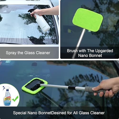 XINDELL Interior Windshield Cleaner Tool – Car Window Cleaning Tool 22inch Extendable Long Handle for Easy Cleaning, 9pcs Reusable Microfiber Pads, Streak-Free Interior & Exterior Auto Glass Cleaner - size: 22in