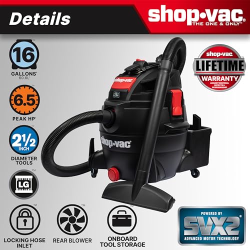 Shop-Vac 5801611 Wet Dry Vac with SVX2 Motor Technology, 16 Gallon, 2-1/2 Inch x 8 Foot Lock-On Hose, 150 CFM, (1-Pack) , Black