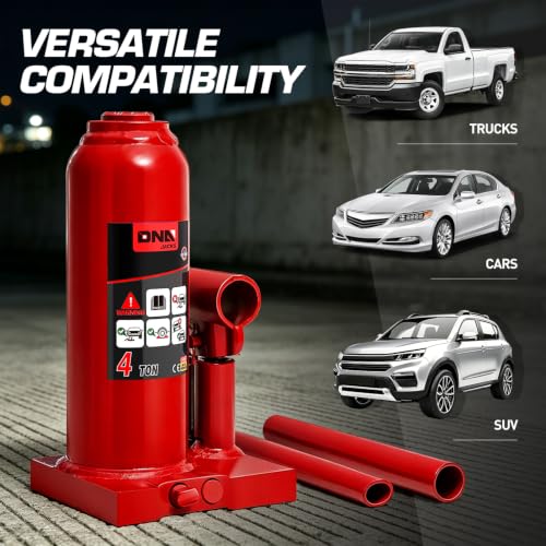 DNA Motoring 4 Ton Hydraulic Car Bottle Jack, Red, 8000 lbs Capacity | Automotive Welded Bottle Jack For Car SUV Pickup Truck, Auto Repair House Lift, with Manual handle & Carrying Storage Case - color: red, style: 4 ton