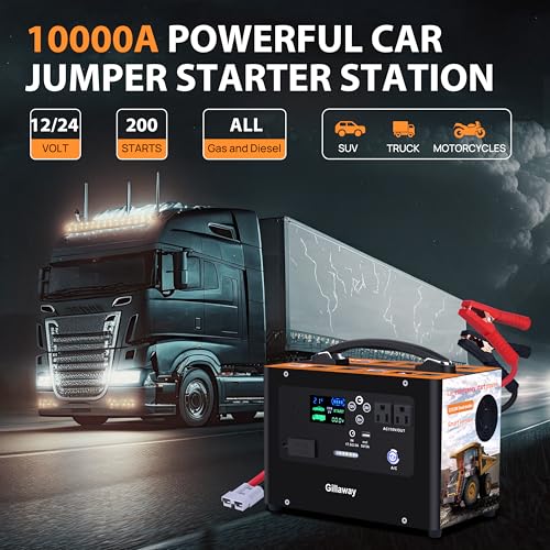 Gillaway V10 10000A Car Jump Starter, Portable Power Station Backup Lithium Battery,12V/24V Heavy Duty Truck Jump Starter Battery Pack, Power Bank for Outdoors Camping Travel Hunting Blackout - color: Dark gray black