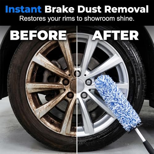 Wheel Barrel Cleaning Brush,2026 New Long Handle Microfiber Wheel Brush Car Duster,Lightweight Rim Detailing Tool for Narrow Spokes & Brake Calipers (Black+Blue Brush) - color: Black+Blue Brush