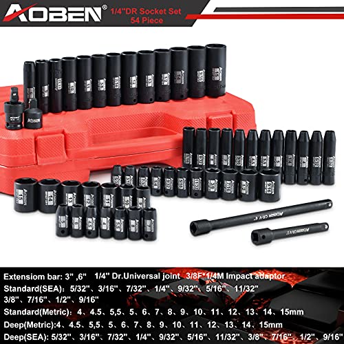 AOBEN 1/4-Inch Drive Impact Socket Set, 54 Pieces, 6 Point, SAE/Metric, (5/32" - 9/16" ,4mm -15mm),Deep/Shallow, Cr-V Steel, Includes Extension bars and Socket Adapter - size: 1/4-Inch 54PCS
