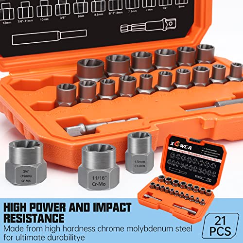 XEWEA 21PCS Bolt Nut Extractor Set, 3/8" Drive Easy Out Socket Remover | Lug Nut Extraction Easy Out Tools For Damaged, Frozen, Studs, Rusted, Rounded-Off Bolts & Nuts Screws, Cr-Mo Steel - size: 21PCS