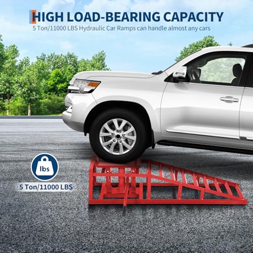 GarveeTech Hydraulic Car Ramps 2-Pack, 11000 LBS Low Profile Portable Car Lift Ramp for Oil Change & Garage Repair, Heavy Duty Steel Ramps for Trucks/Low Cars (Red) (red, 5 T) - color: Red