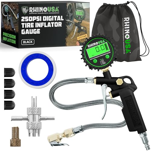Rhino USA Digital Tire Pressure Gauge with Inflator (250 PSI) - Air Chuck | Professional Air Chuck & Compressor Attachments. 0.1 Display Resolution for Precise Readings on Car & Truck Tires. - style: 250psi Digital