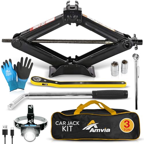 Car Jack Kit 3 Ton Scissor Jack with Lug Wrench Auto Tire Change Tool | Portable emergency kit, Cars & SUVs, Spare tire changing, LED headlamp, Tire pressure gauge, Work gloves - size: Car Jack Kit 3 Ton + Lug Wrench