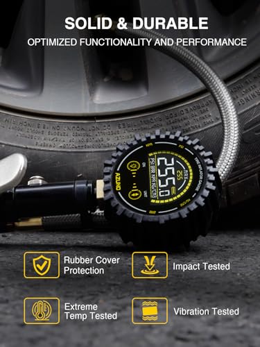 Digital Tire Inflator Gauge 255 PSI, Heavy Duty Tire Pressure Gauge with Air Chuck, Steel Braided Hose, Quick Connect Coupler & Case for Truck RV Trailer - size: 255PSI For Truck / RV