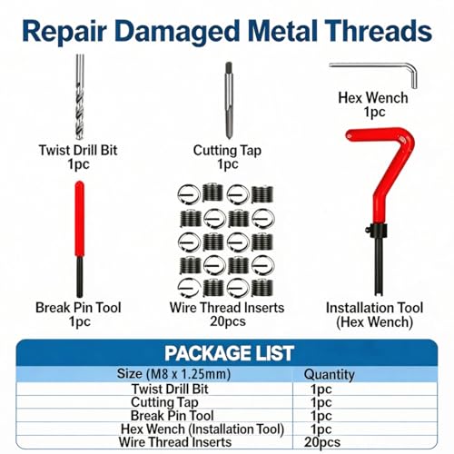 M8 X 1.25 Thread Repair Kit, Metric Helicoil Kit with HSS Drill Bit, 20PC Wire Thread Inserts - size: M8 x 1.25mm