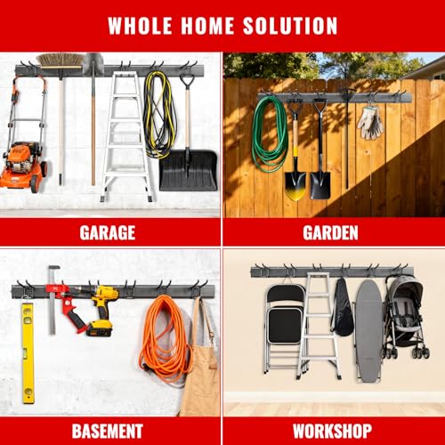 Garage Tool Organizer Wall Mount, Easy to 64inch Install Heavy-Duty Garage Storage System with 11 Adjustable Hooks, Garden Tool Rack for Shovels, Rakes, Yard Tools - size: 64" System - 11 Piece Set