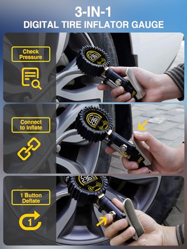 Digital Tire Inflator Gauge 255 PSI, Heavy Duty Tire Pressure Gauge with Air Chuck, Steel Braided Hose, Quick Connect Coupler & Case for Truck RV Trailer - size: 255PSI For Truck / RV