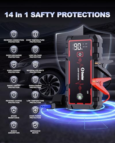 Jump Starter, Battery Jumper Starter Portable, Car Battery Jump Starter with 3 Modes Flashlight, Compass, Power Bank and Jumper Cable | Jump Box with 3 Modes Flashlight, Compass, Power Bank, Gloves and 12V Jumper Cable Up to 10.0L Gas and 10.0L Diesel - c