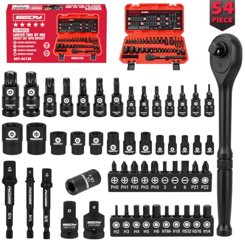 54-Piece Master Torx Bit Socket Set, T8-T70 Star Bits and E4-E24 E-Torx Sockets, Ratchet Wrench, 1/4" Bit Holder, S2 Steel Bits, CR-V Sockets, Extension Bars and Adapters for Auto Repair - style: 54-Piece Master Torx Socket Set(New Version)