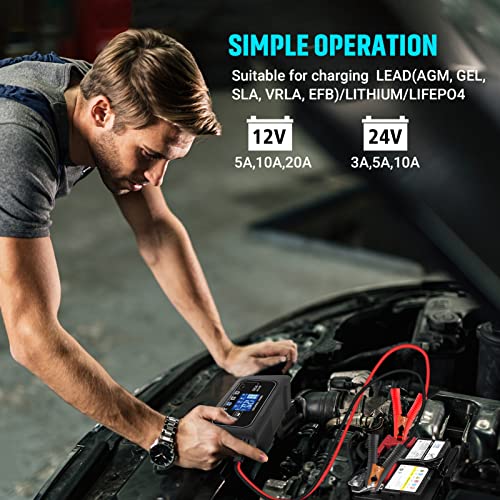 20Amp 12/24V Smart Car Battery Charger Fully Automatic Maintainer, Trickle Charger/Desulfator with Overcharge Protection & Temperature Compensation for LiFePO4 Lead Acid Lithium Batteries