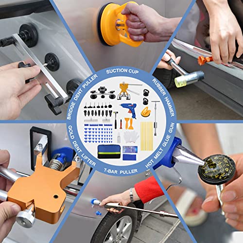 97PCS Dent Puller Kit, Paintless Auto Body Dent Repair Kit with Golden Lifter, Slide Hammer T-bar Dent Puller, Bridge Puller, Suction Cup and Glue Gun for Car Dent Remove Auto Body Dent Removal Kit