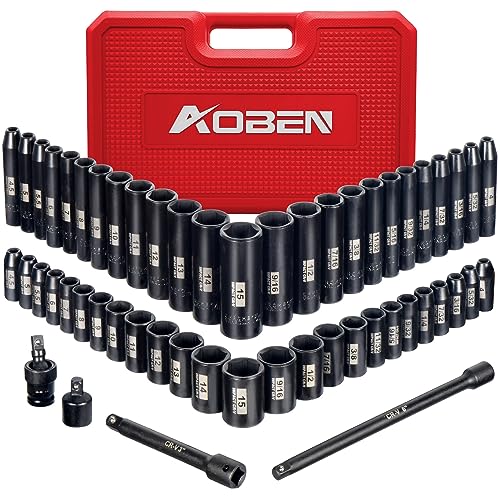 AOBEN 1/4-Inch Drive Impact Socket Set, 54 Pieces, 6 Point, SAE/Metric, (5/32" - 9/16" ,4mm -15mm),Deep/Shallow, Cr-V Steel, Includes Extension bars and Socket Adapter - size: 1/4-Inch 54PCS