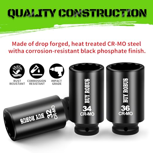 1/2 Drive Deep Axle Nut Impact Socket Set,12 Point Socket Set Metric, CR-MO, 30mm, 32mm, 34mm, 36mm, 4-Piece 1/2" Heavy Duty Socket Set (12 point can also be used at 6 point) - color: 12 Point 4pcs 1/2" Metric