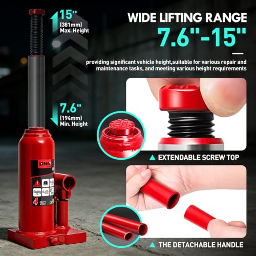 DNA Motoring 4 Ton Hydraulic Car Bottle Jack, Red, 8000 lbs Capacity | Automotive Welded Bottle Jack For Car SUV Pickup Truck, Auto Repair House Lift, with Manual handle & Carrying Storage Case - color: red, style: 4 ton