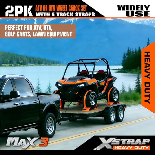 XSTRAP STANDARD 2-PK Wheel Chock E-Track Tie Down Straps Kit, 2"x9FT, Green | 4,400lb Break Strength Over-The-Tire Ratchet Straps with Steel Wheel Chocks for ATV, UTV, Lawn Mower, Trailer Hauling - size: Green-2PK-9FT