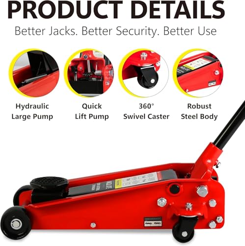 3 Ton Low Profile Floor Jack, Heavy Duty Floor Jack with Single Piston Quick Lift Pump, Steel Car Jack Adjustable Height 5.1"-20", Hydraulic Trolley Floor Jacks 3 Ton/6000 LB Capacity, Red - color: Red - 3 Ton(Single Pump), Lift 5.1"-20"