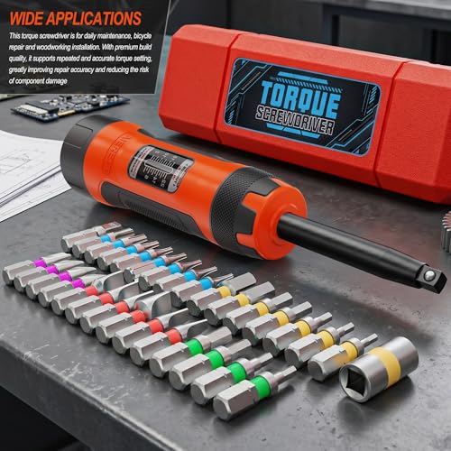 32 PCS 1/4" Drive Long Shank Torque Screwdriver, 2-22 Inch Pound Torque Screwdriver Set with S2 Bits and Socket Adapter for Maintenance, Tools, Bike Repairing and Mounting - size: 2-22inch.L