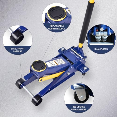 Eisen Heavy duty 3 Ton Floor Jack For All Terrain Vehicle Low Profile Hydraulic Jack, Steel Service Jack Quick Rise With Double Pump Quick Lift | Wide Lifting Range| Swivel Saddle| Rear Casters| Stable Support| Blue Finish