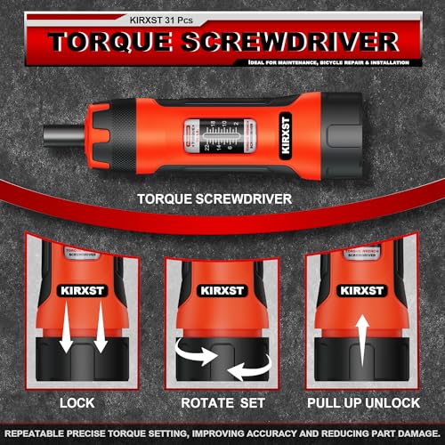 31 PCS 1/4" Drive Torque Screwdriver, 2-22 Inch Pounds Torque Screwdriver Set with S2 Bits and Socket Adapter for Maintenance, Screwdriver Set for Tools, Bike Repairing and Mounting - size: 2-22inch.S