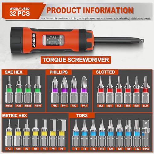 32 PCS 1/4" Drive Long Shank Torque Screwdriver, 3-39 Inch Pound Torque Screwdriver Set with S2 Bits and Socket Adapter for Maintenance, Tools, Bike Repairing and Mounting - size: 3-39inch.L