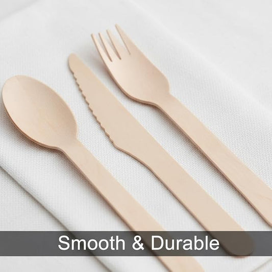 (150 Count) Disposable Wooden Cutlery Set - Alternative to Plastic, Eco Friendly, Biodegradable, Compostable Cutlery Set - 50 Wood Spoons, 50 Wooden Knives & 50 Wooden Forks Disposable Utensils Set