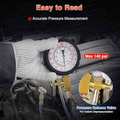 GOOACC Fuel Injection Pressure Tester Kit - 0-140PSI Fuel Pressure Gauge with 6.30 7.89 9.49 Fuel Line Fittings, Gasoline Engine Diagnostic Tool for Car Truck SUV ATV