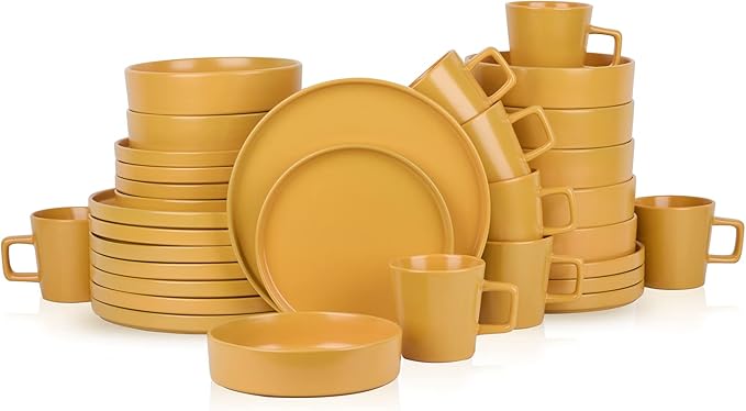 Stone Lain Cleo Modern Stoneware 32-Piece Dinnerware Set, Plates and Bowls Set, Pasta Bowls, Dish Set Service For 8, Yellow