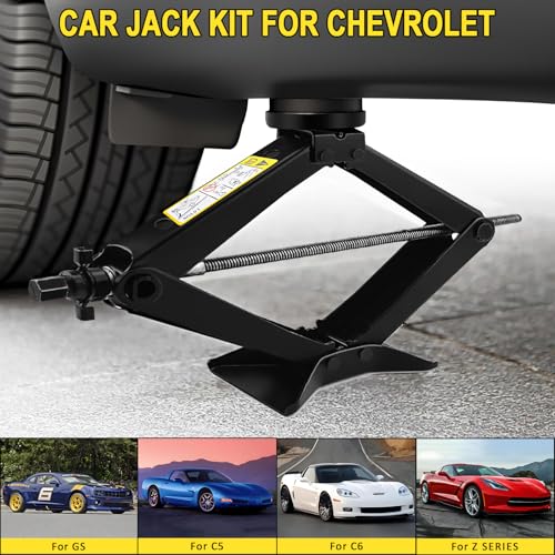 3-Ton Scissor Jack Kit for Chevrolet C5 C6 C7 C8 GS Z with Rubber Jack Pad, Car Spare Tire Repair Tools for Car Chevrolet, Tire Changing Tools Kit for Chevrolet with L-Wrenches(17/19/21/23mm)