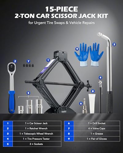 Orion Motor Tech 2 Ton Scissor Jack, 14 pc. Dual-Action Car Scissor Jack Kit for Sedan SUV MPV with Drill Socket Ratchet Wrench, 4409 lb. Portable Car Jack and Stand Kit for Spare Tire Changing
