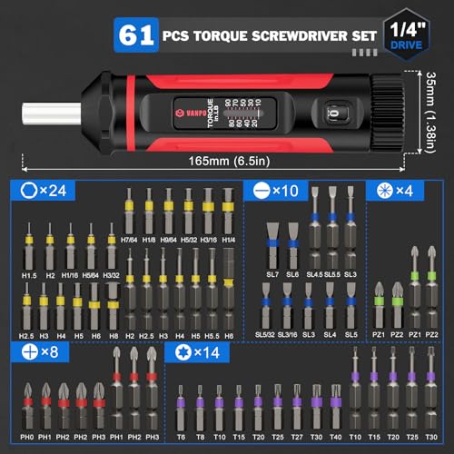 VANPO Torque Screwdriver 10-90 in-lb, 1/4" Drive Precision Driver Set | Inch Pounds Torque Wrench, 60 S2 Steel Bits for Gunsmithing, Bike Repair, Scope Mounting, Maintenance, DIY - size: 10-90In-lb