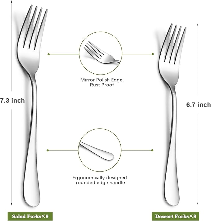 SANTUO Stainless Steel Forks Set, 6PCS 7.3" Salad Forks and 6PCS 6.7" Dessert Forks, Set of 12 Top Food Grade Silverware Forks, Mirror Polished & Dishwasher Safe