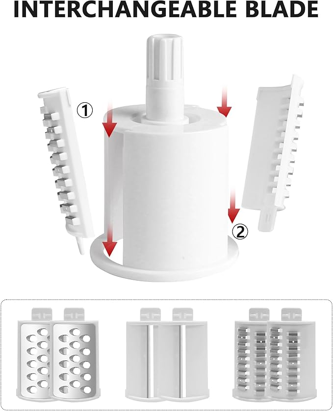3-in-1 Rotary Cheese Grater Handheld, Lightweight Body with 3 Stainless Steel Blades & Non-Slip Suction Base, for Shredding Parmesan, Slicing Vegetables, Grating Chocolate(White)