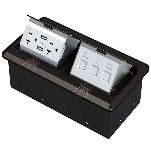 KYHSHJ Dual Pop-Up Floor Electrical Outlet Box Kit,20 Amp Stainless Steel USB TR Receptacle Outlet,3-Port RJ45 Datacom Receptacle,Oil Rubbed Bronze