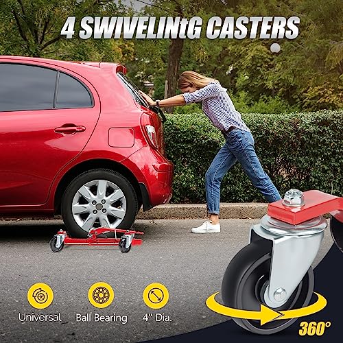 TUFFIOM Car Wheel Dolly Jack Set of 2, Mechanical 3000-lbs Car Skates, 12'' Wheel Vehicle Positioning Jack, Heavy Duty Rollers with Ratcheting Foot Pedal for Tire Auto Repair Moving, Red - color: Red, Set of 2