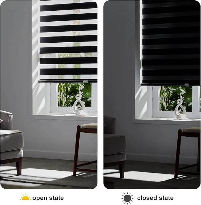 Persilux Cordless Zebra Blinds for Windows Free-Stop Roller Windows Shades (31" W X 72" H, Black) Dual Layer Light Control for Day and Night, Light Filtering Sheer Shades for Home, Easy to Install