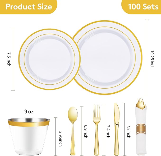 Goodluck 700 Piece Gold Plastic Dinnerware Set for 100 Guests, Disposable Plates for Party, Include: 100 Dinner Plates, 100 Dessert Plates, 100 Pre Rolled Napkins with Silverware, 100 Cups