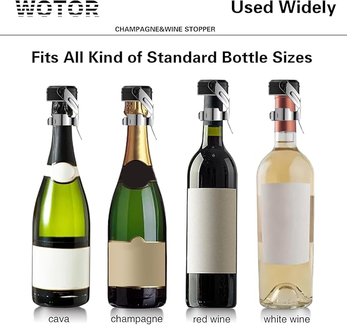 WOTOR Champagne&Wine Bottle Stoppers Stainless Steel with Food Grade Silicone, Leak Proof Keep Fresh Reusable Saver, Cork Suitable for Wine, Champagne, Cava, Prosecco and Sparkling (12 Pack Silver)