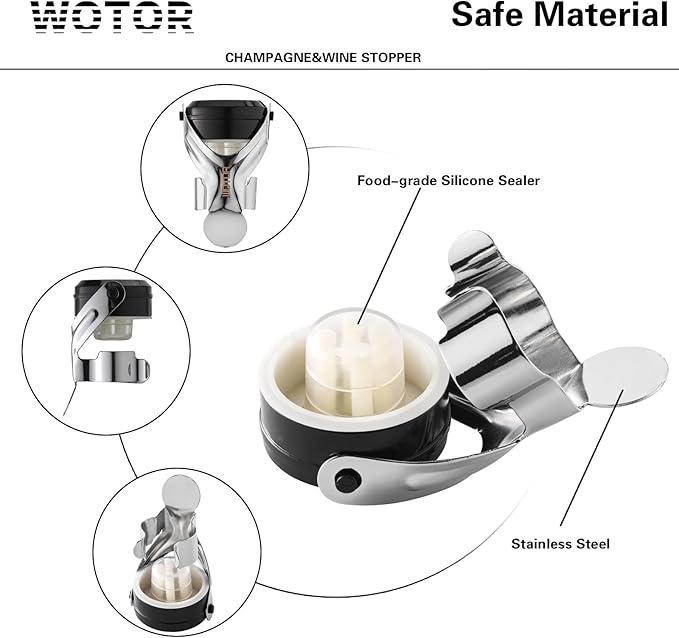 WOTOR Champagne&Wine Bottle Stoppers Stainless Steel with Food Grade Silicone, Leak Proof Keep Fresh Reusable Saver, Cork Suitable for Wine, Champagne, Cava, Prosecco and Sparkling (6 Pack Silver)