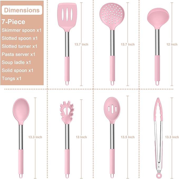 E-far Silicone Cooking Utensils Set, 7 Pcs Heat Resistant Kitchen Utensils with Stainless Steel Handle, Slotted Turner, Spoon, Soup Ladle, Pasta Server, Skimmer, Tongs for Nonstick Cookware, Pink