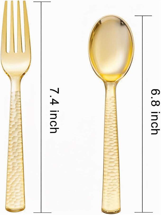 KIRE 400PCS Gold Plastic Spoons and Forks Disposable - Gold Plastic Silverware Set Disposable - 200 Forks and 200 Spoons for Thanksgiving Party, Birthday